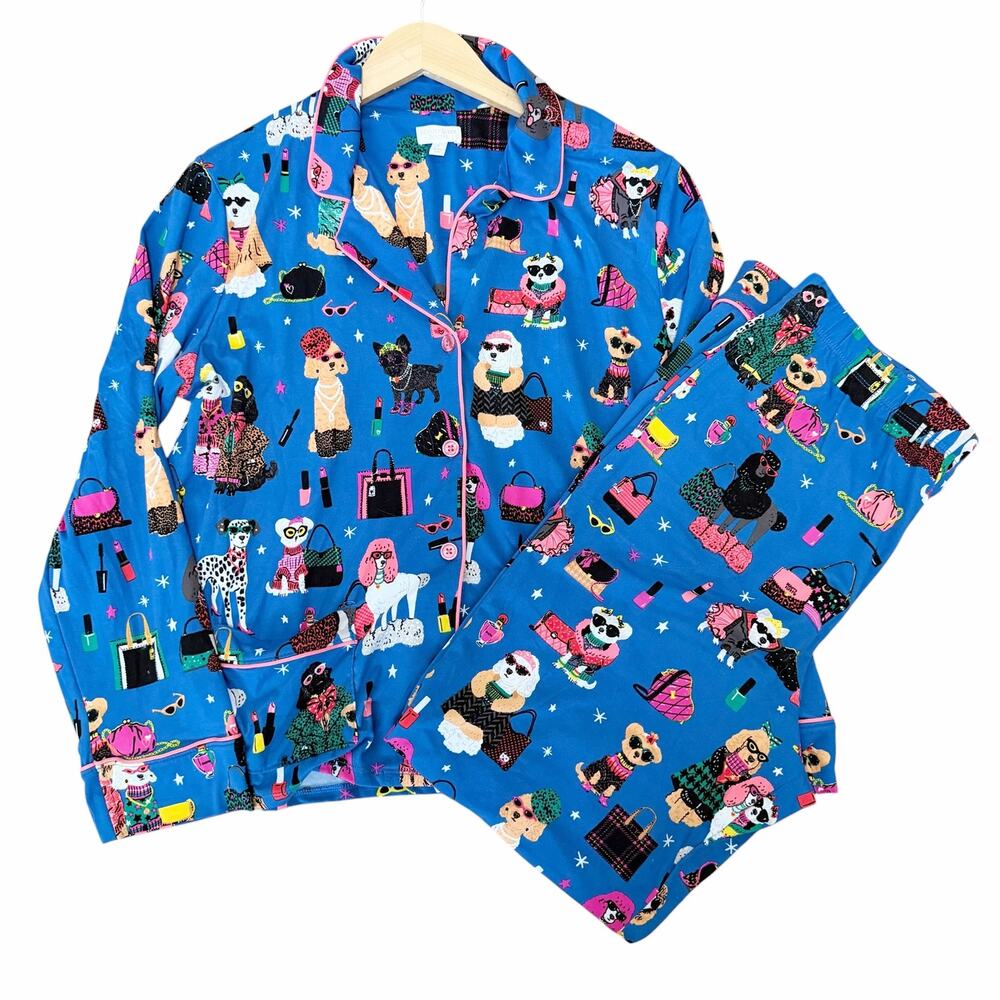 Beauty Sleep Social Fashion Dogs Blue Pajama Set Sz L
